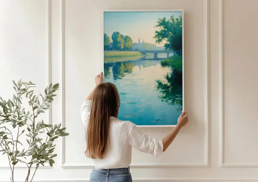 Vistula River Serenity canvas wall art being hung on a paneled wall
