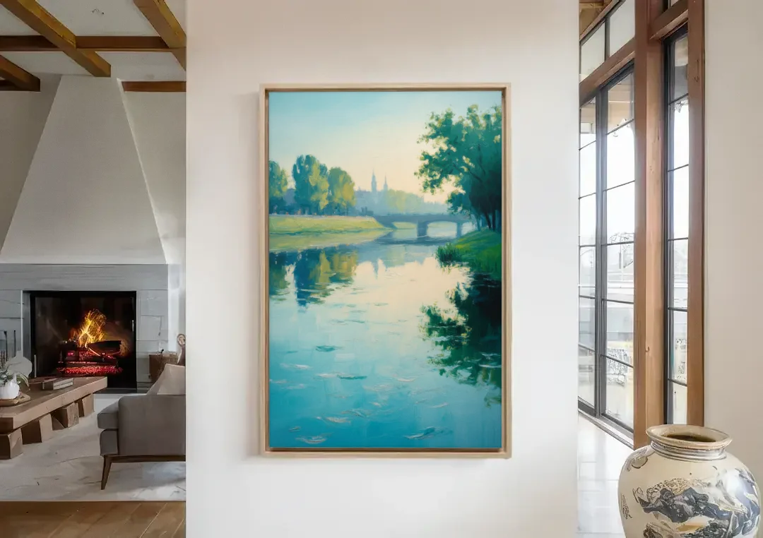 Vistula River Serenity canvas wall art in a living room with a fireplace