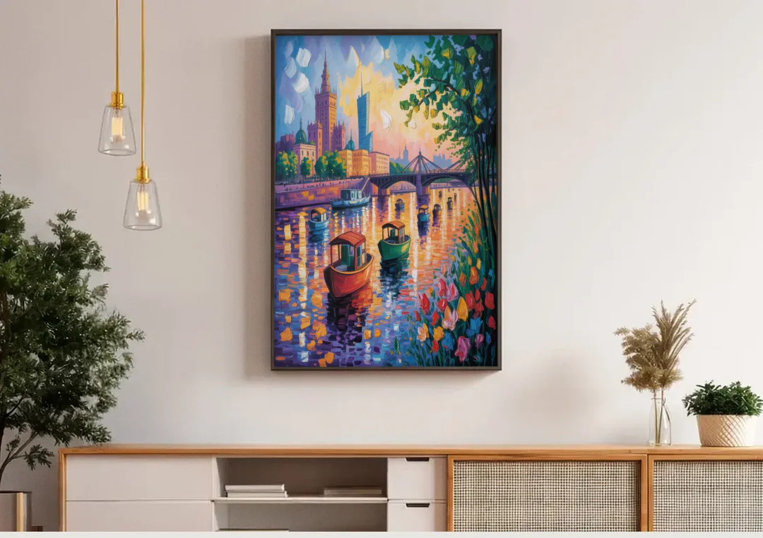 Vistula River View canvas wall art above a wooden sideboard under pendant lights