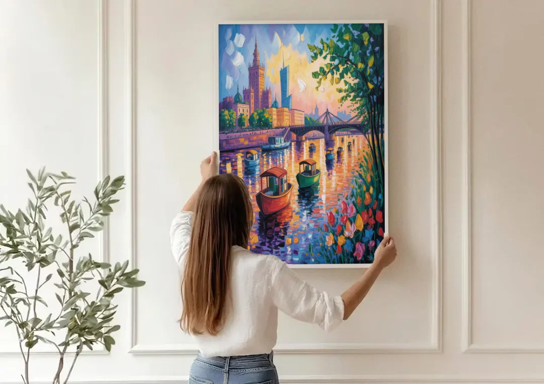 Vistula River View canvas wall art being hung on a paneled wall