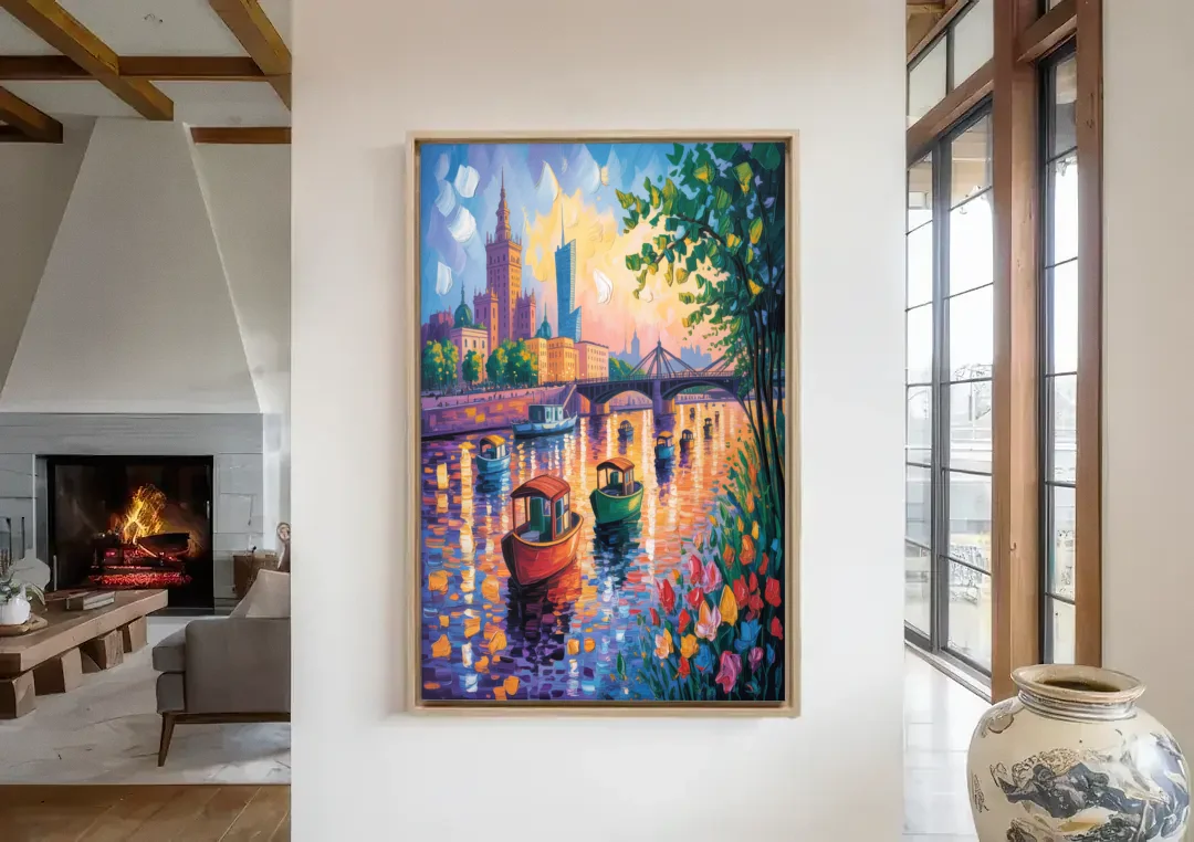 Vistula River View canvas wall art in a living room with a fireplace