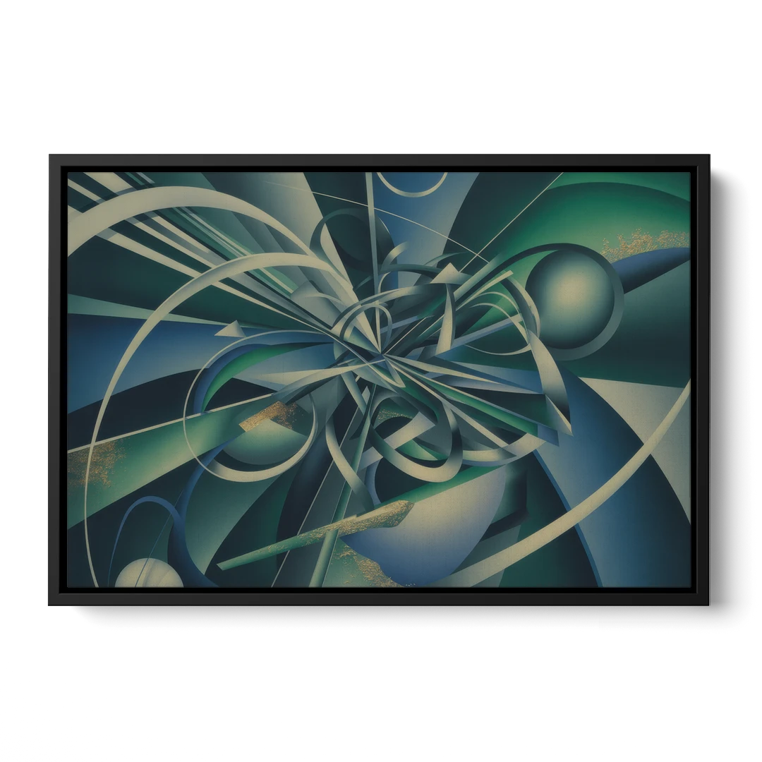 Vortex Elegance Blue and Green Abstract - Black Framed Canvas Wall Art - Front