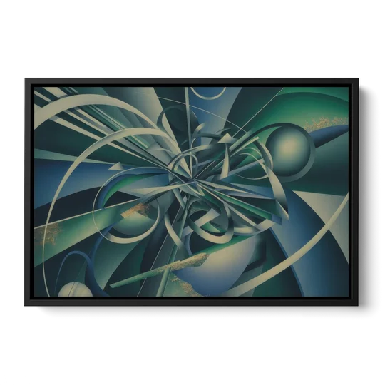 Vortex Elegance Blue and Green Abstract - Black Framed Canvas Wall Art - Front