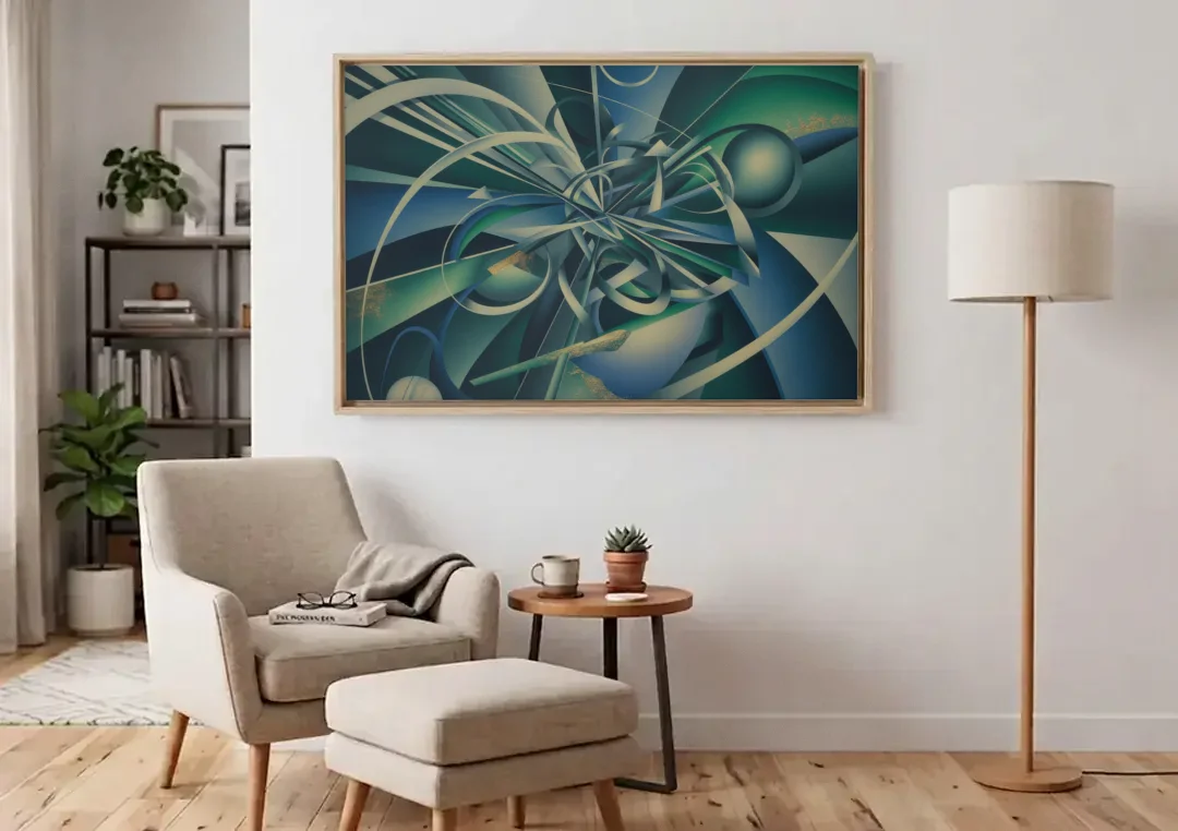Vortex Elegance Blue and Green Abstract canvas wall art above an armchair in a bright living room