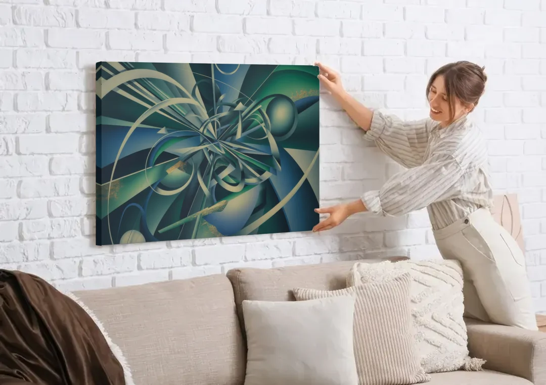 Vortex Elegance Blue and Green Abstract canvas wall art being hung on a white brick wall above a sofa