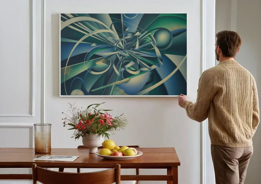 Vortex Elegance Blue and Green Abstract canvas wall art above a dining table