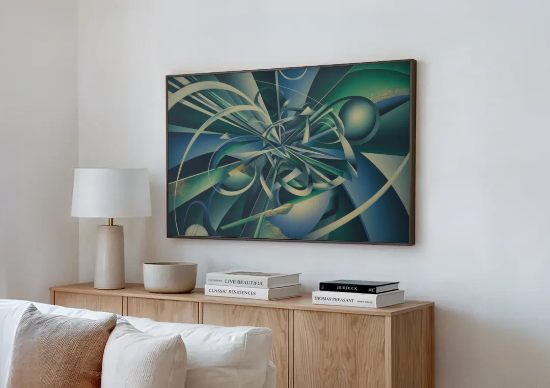 Vortex Elegance Blue and Green Abstract canvas wall art above a wooden sideboard next to a sofa