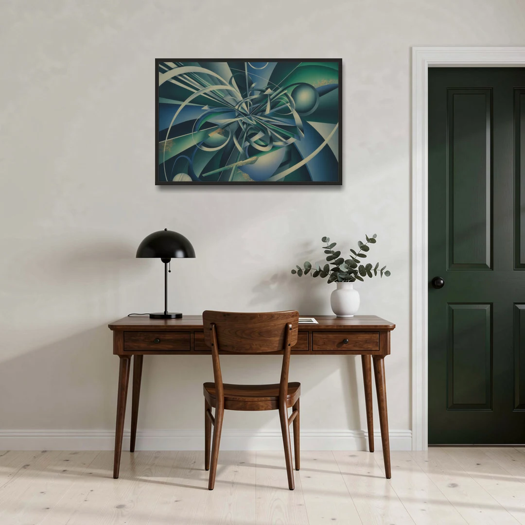 Vortex Elegance Blue and Green Abstract - Black Framed Canvas Wall Art - Office - 36x24