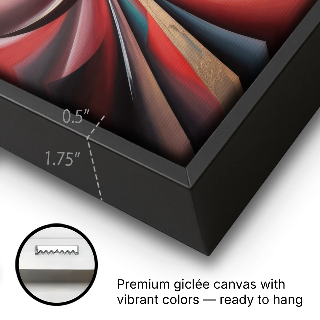 Vortex Symphony Red Abstract - Black Framed Canvas Wall Art - Gallery Wrap Corner