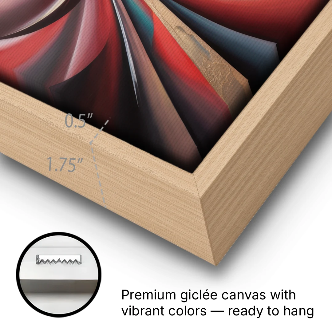 Vortex Symphony Red Abstract - Oak Framed Canvas Wall Art - Gallery Wrap Corner