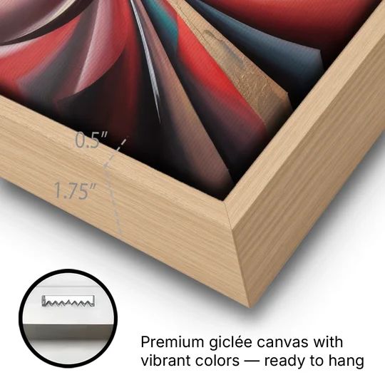 Vortex Symphony Red Abstract - Oak Framed Canvas Wall Art - Gallery Wrap Corner