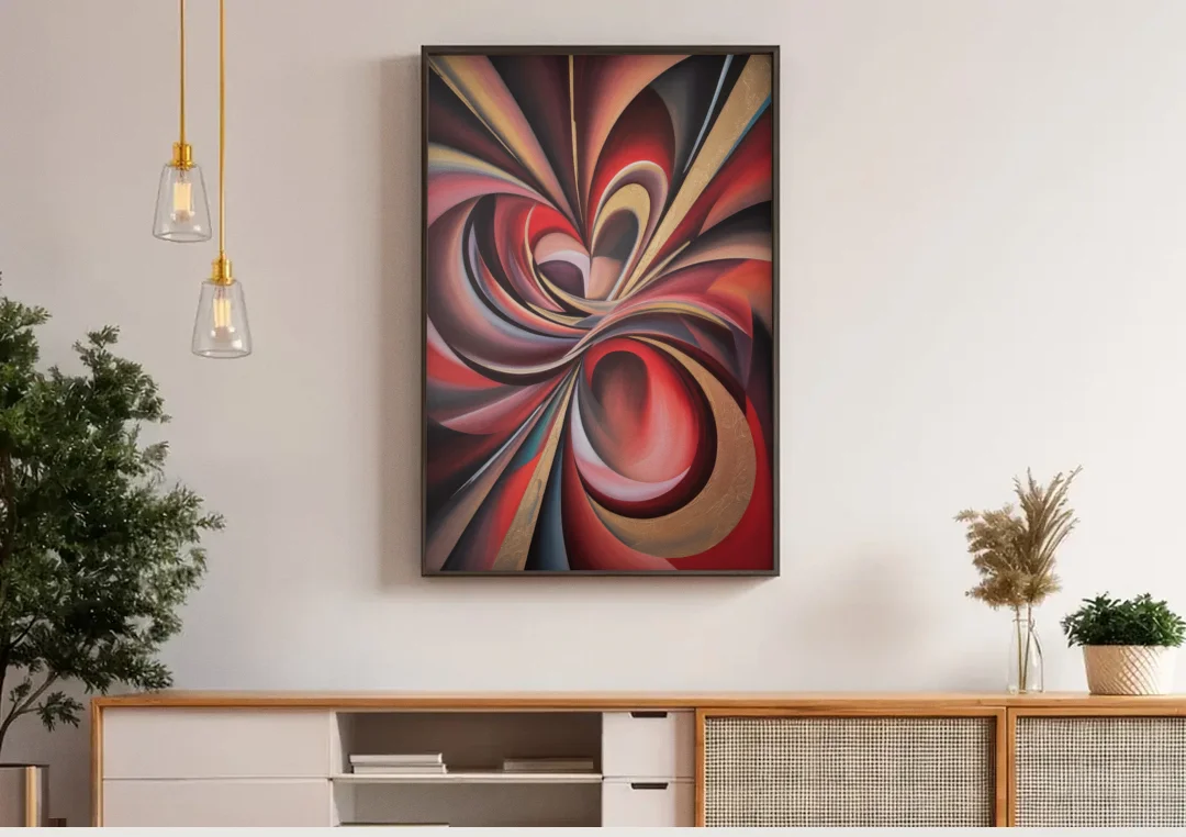 Vortex Symphony Red Abstract canvas wall art above a wooden sideboard under pendant lights