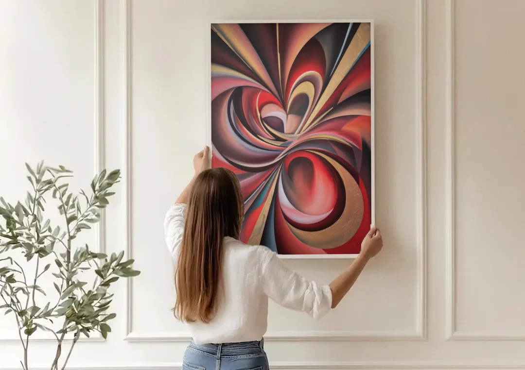 Vortex Symphony Red Abstract canvas wall art being hung on a paneled wall