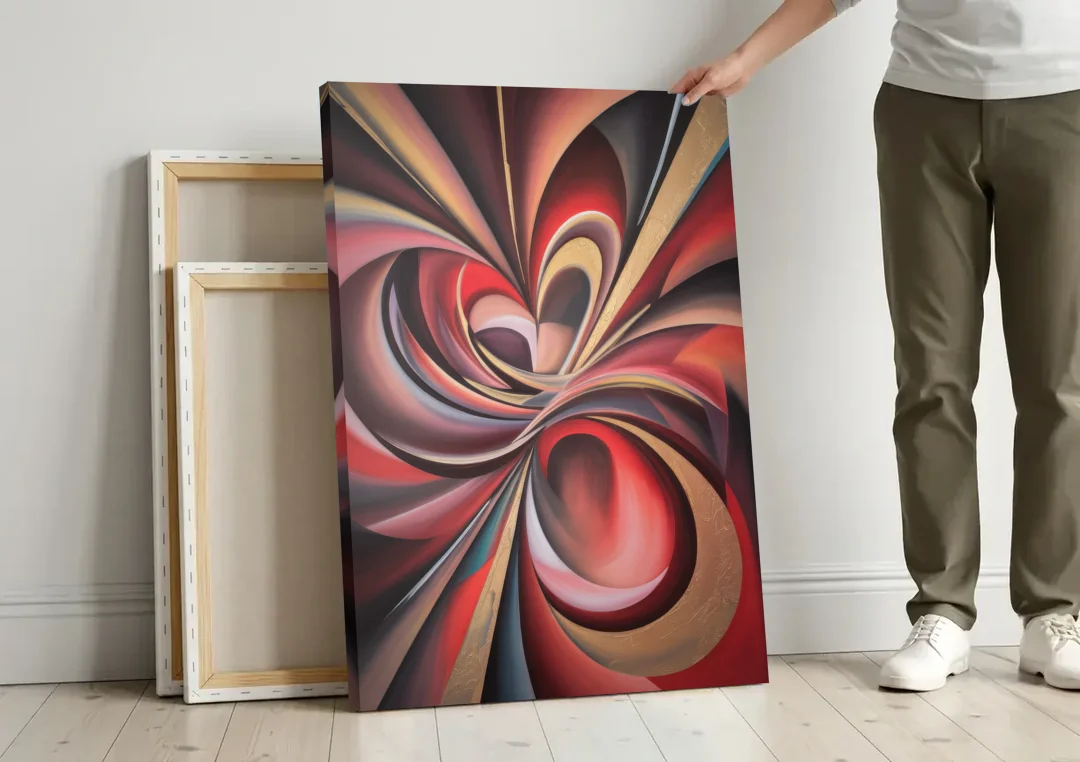 Vortex Symphony Red Abstract canvas wall art leaning against a wall next to blank canvases