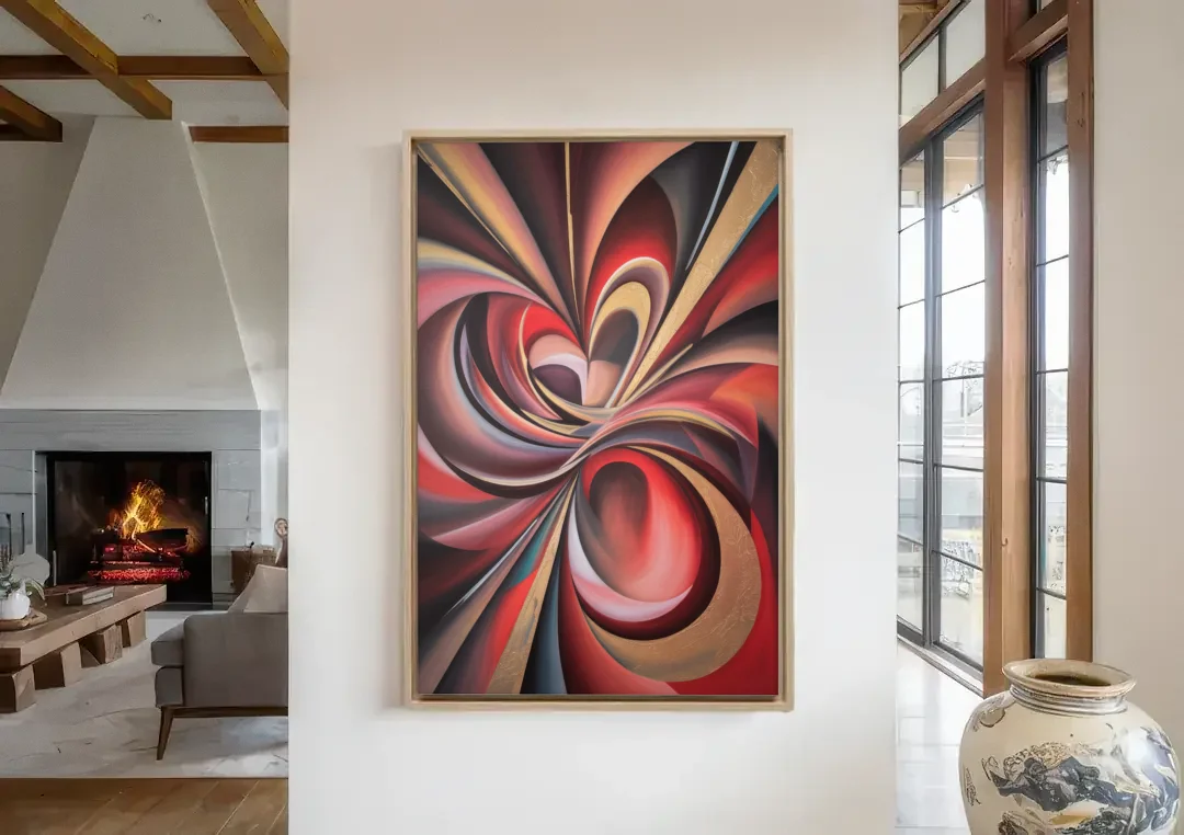 Vortex Symphony Red Abstract canvas wall art in a living room with a fireplace