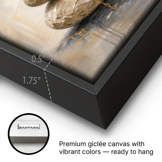 Wabi Sabi Gold-Seamed Stone Cairn - Black Framed Canvas Wall Art - Gallery Wrap Corner