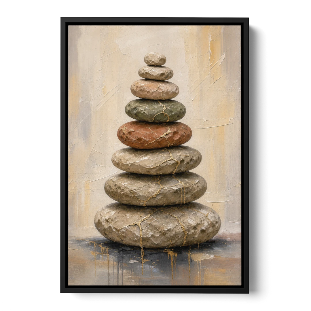 Wabi Sabi Gold-Seamed Stone Cairn - Black Framed Canvas Wall Art - Front