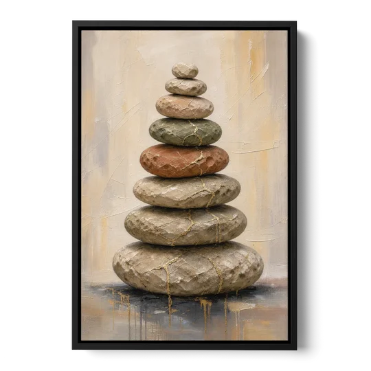 Wabi Sabi Gold-Seamed Stone Cairn - Black Framed Canvas Wall Art - Front