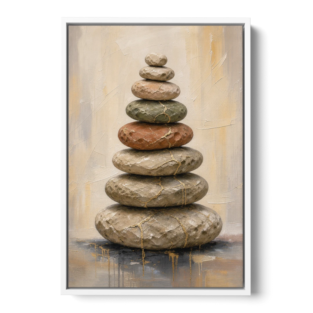 Wabi Sabi Gold-Seamed Stone Cairn - White Framed Canvas Wall Art - Front