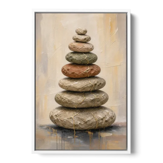 Wabi Sabi Gold-Seamed Stone Cairn - White Framed Canvas Wall Art - Front