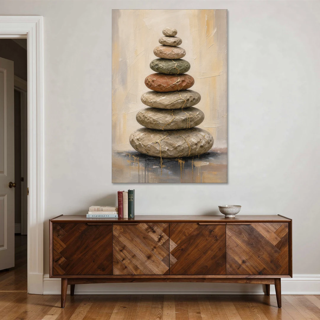 Wabi Sabi Gold-Seamed Stone Cairn - Canvas Wall Art - Coffee Table - 40x60