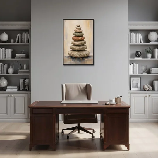 Wabi Sabi Gold-Seamed Stone Cairn - Black Framed Canvas Wall Art - Office - 24x36