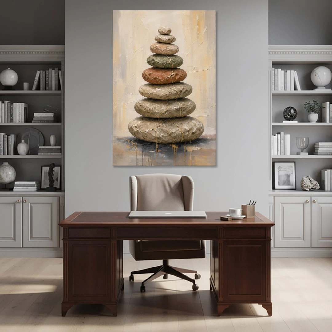 Wabi Sabi Gold-Seamed Stone Cairn - Canvas Wall Art - Office - 40x60