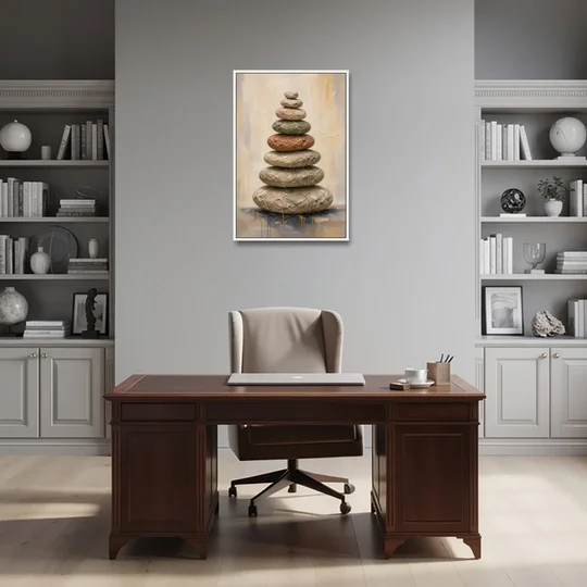 Wabi Sabi Gold-Seamed Stone Cairn - White Framed Canvas Wall Art - Office - 24x36