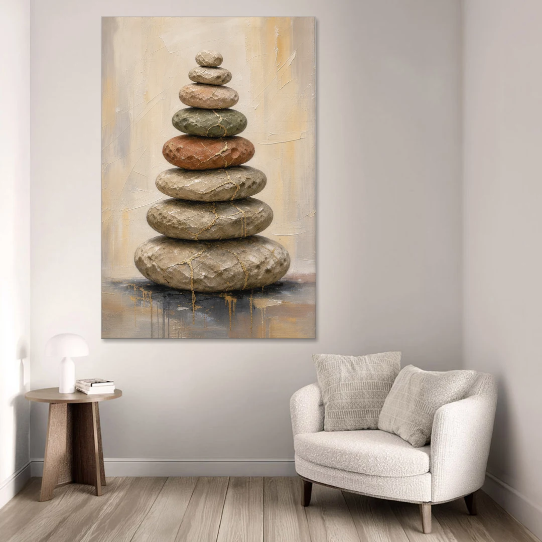 Wabi Sabi Gold-Seamed Stone Cairn - Canvas Wall Art - Sofa - 40x60