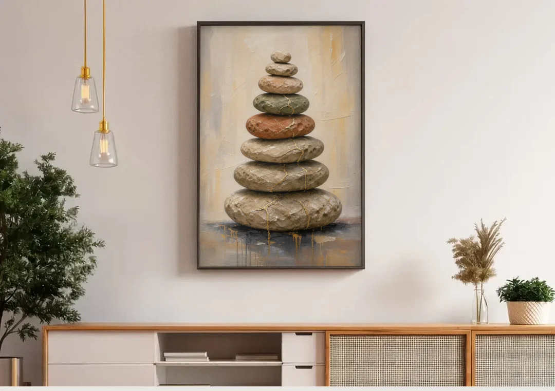 Wabi Sabi Gold-Seamed Stone Cairn canvas wall art above a wooden sideboard under pendant lights