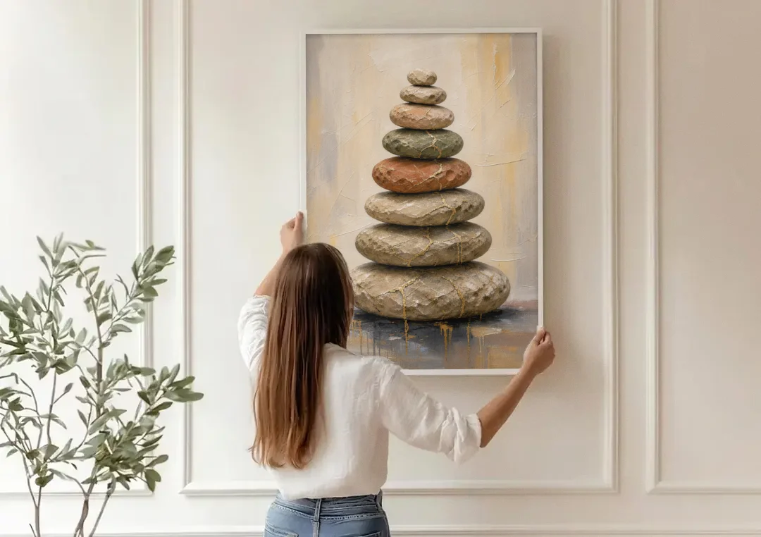Wabi Sabi Gold-Seamed Stone Cairn canvas wall art being hung on a paneled wall