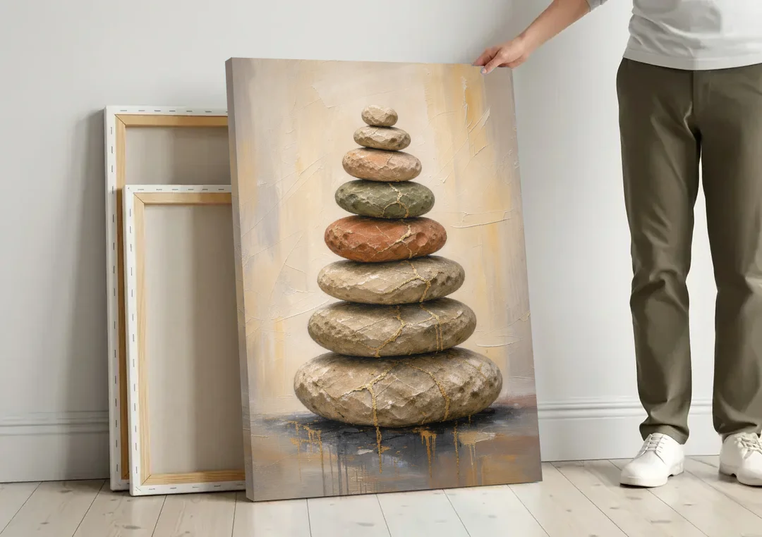 Wabi Sabi Gold-Seamed Stone Cairn canvas wall art leaning against a wall next to blank canvases