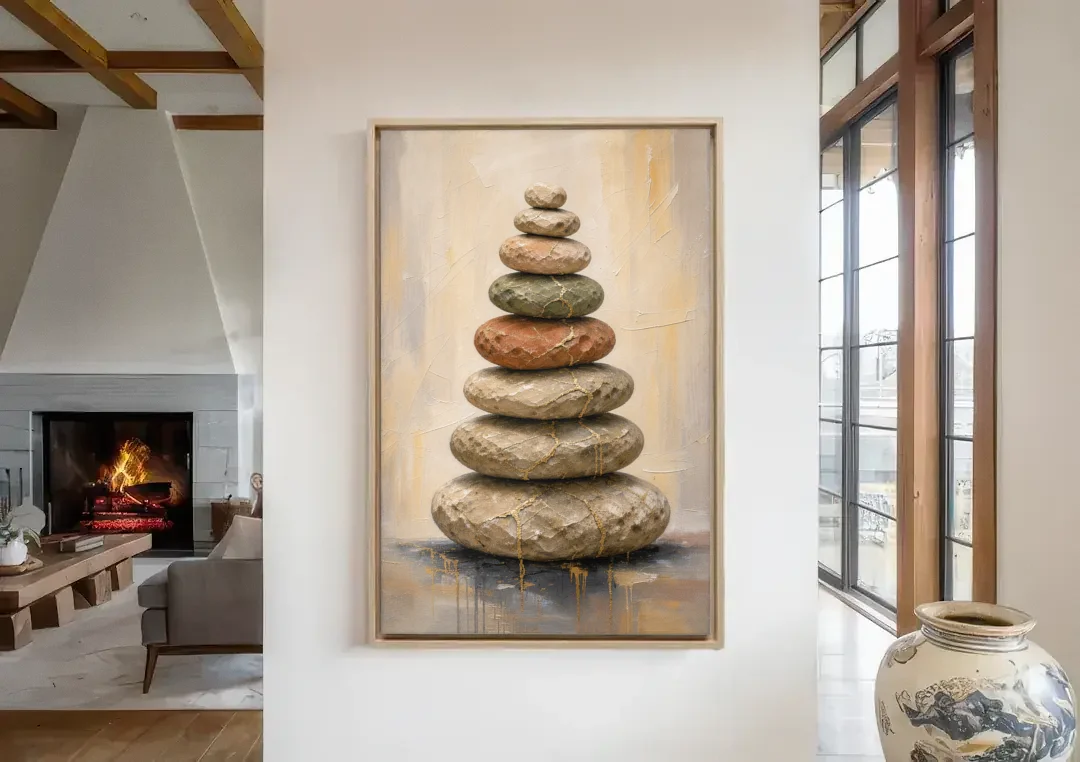 Wabi Sabi Gold-Seamed Stone Cairn canvas wall art in a living room with a fireplace