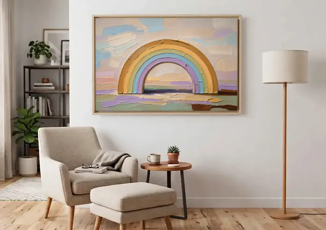 Wall Art Above Couch Ochre Rainbow Arch canvas wall art above an armchair in a bright living room