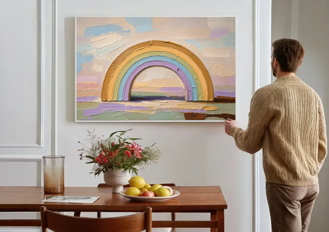 Wall Art Above Couch Ochre Rainbow Arch canvas wall art above a dining table