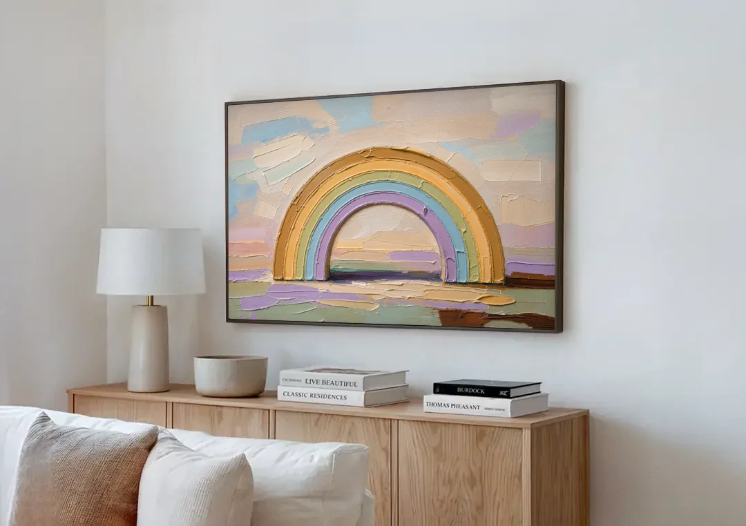 Wall Art Above Couch Ochre Rainbow Arch canvas wall art above a wooden sideboard next to a sofa