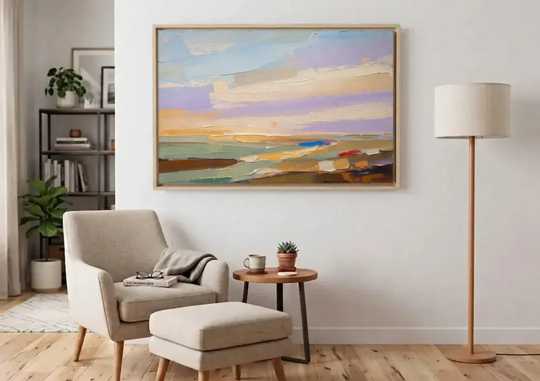 Wall Art Above Sofa Lilac Haze Meadow canvas wall art above an armchair in a bright living room