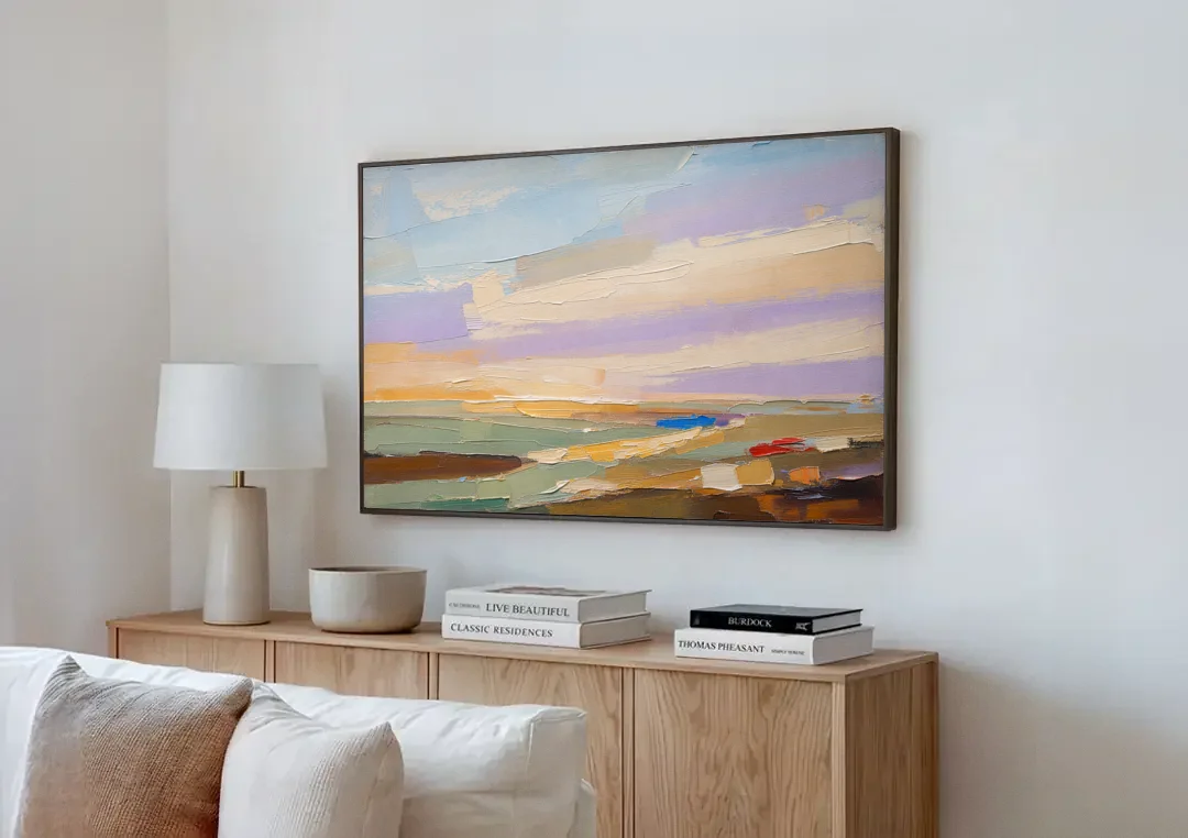 Wall Art Above Sofa Lilac Haze Meadow canvas wall art above a wooden sideboard next to a sofa