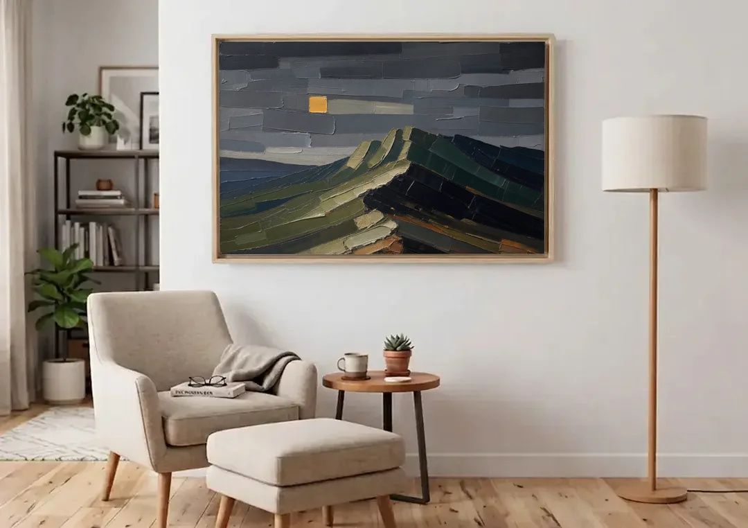 Wall Art for Man Cave Ochre Moon Ridge canvas wall art above an armchair in a bright living room