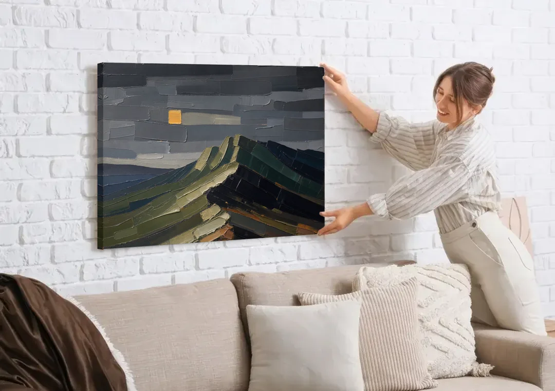 Wall Art for Man Cave Ochre Moon Ridge canvas wall art being hung on a white brick wall above a sofa