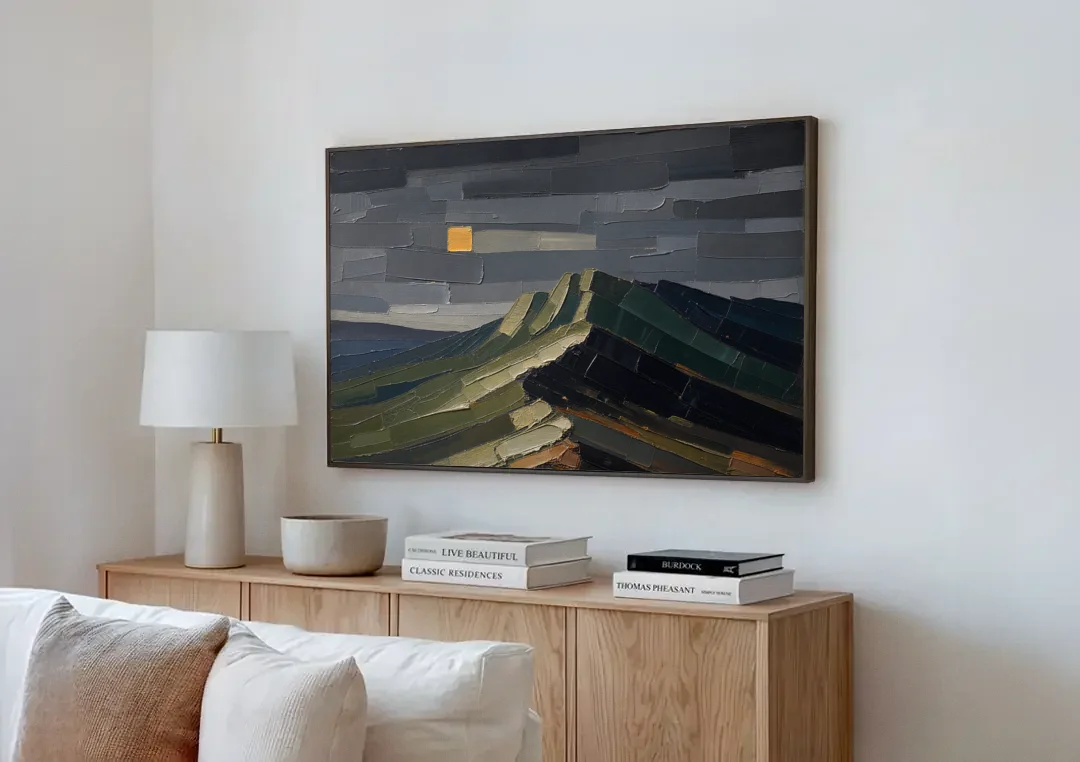 Wall Art for Man Cave Ochre Moon Ridge canvas wall art above a wooden sideboard next to a sofa