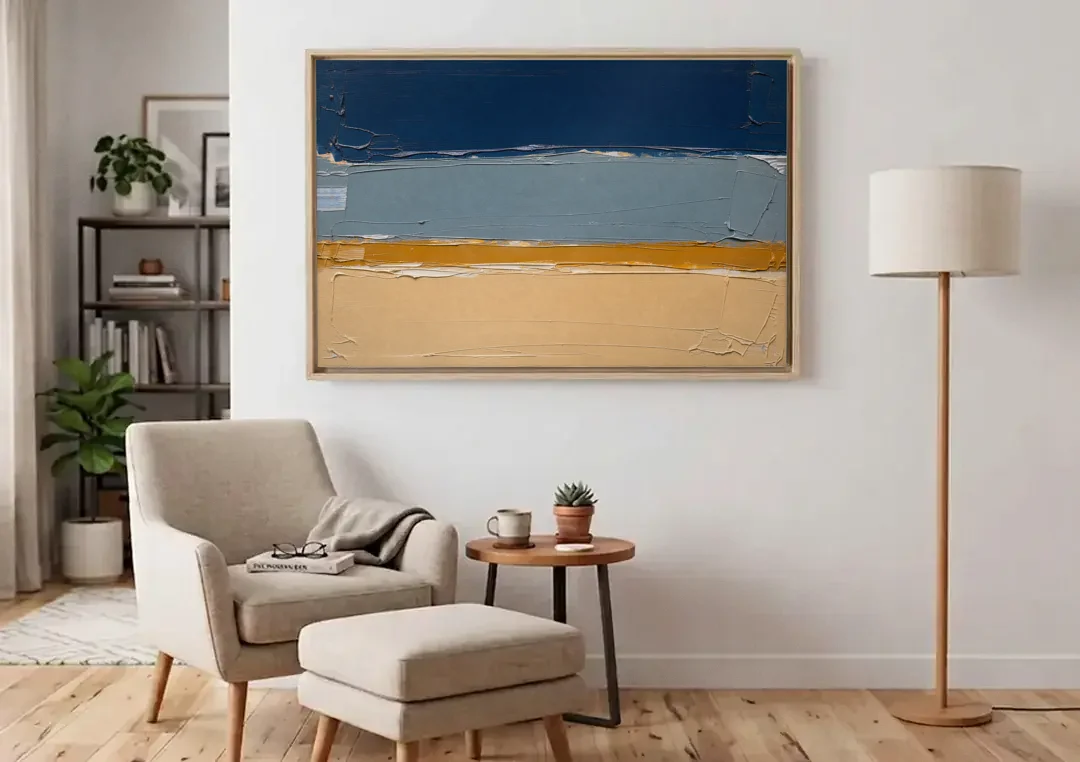 Wall Art for Office in Navy Slate and Sand canvas wall art above an armchair in a bright living room