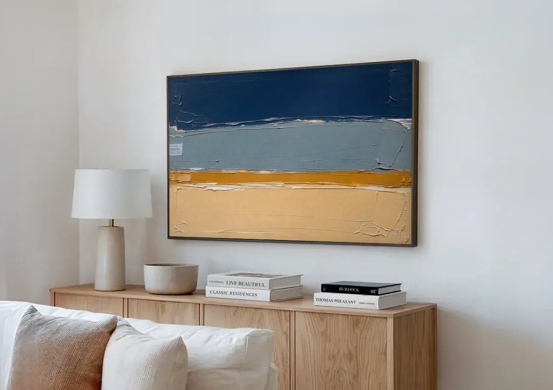 Wall Art for Office in Navy Slate and Sand canvas wall art above a wooden sideboard next to a sofa