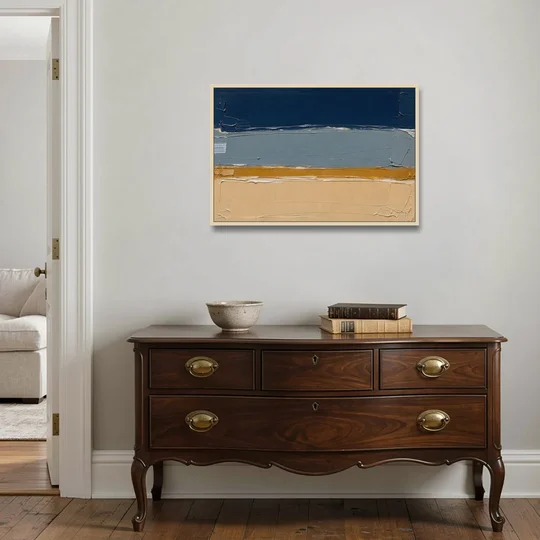 Wall Art for Office in Navy Slate and Sand - Oak Framed Canvas Wall Art - Coffee Table - 36x24