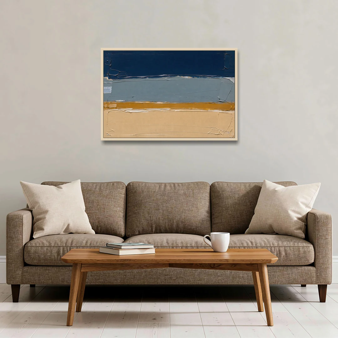 Wall Art for Office in Navy Slate and Sand - Oak Framed Canvas Wall Art - Sofa - 36x24
