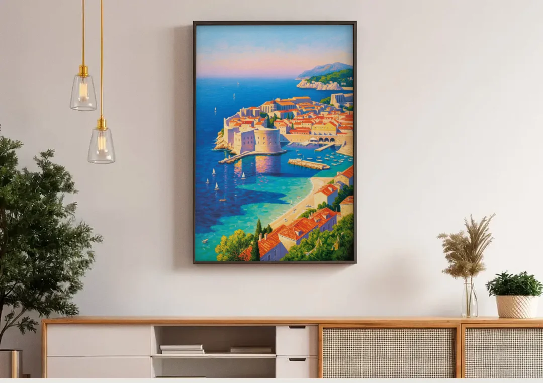 Walls of Dubrovnik canvas wall art above a wooden sideboard under pendant lights