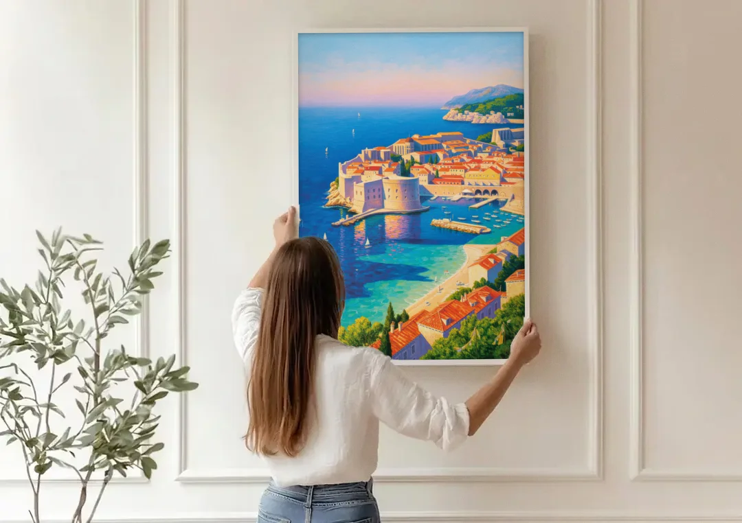 Walls of Dubrovnik canvas wall art being hung on a paneled wall