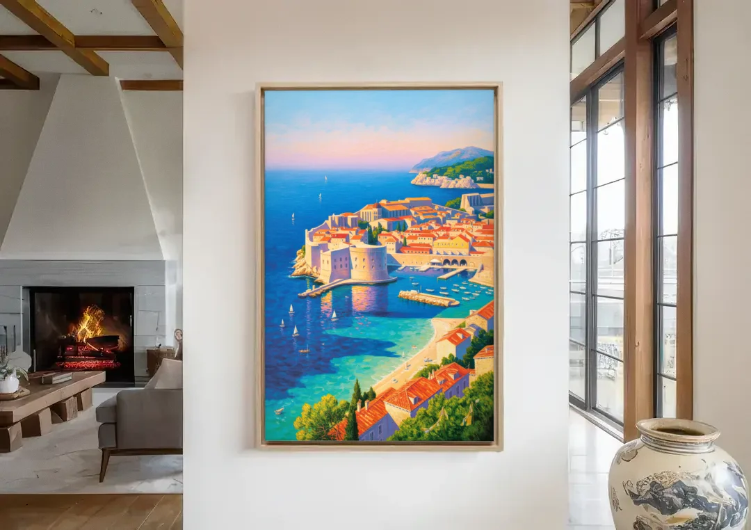 Walls of Dubrovnik canvas wall art in a living room with a fireplace