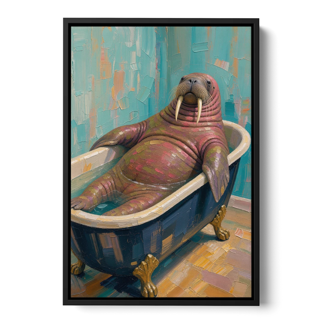 Walrus Sprawled in a Clawfoot Tub - Black Framed Canvas Wall Art - Front