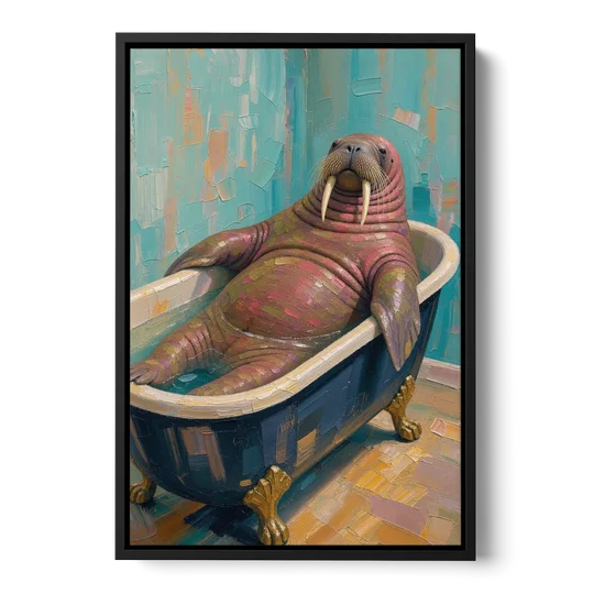 Walrus Sprawled in a Clawfoot Tub - Black Framed Canvas Wall Art - Front